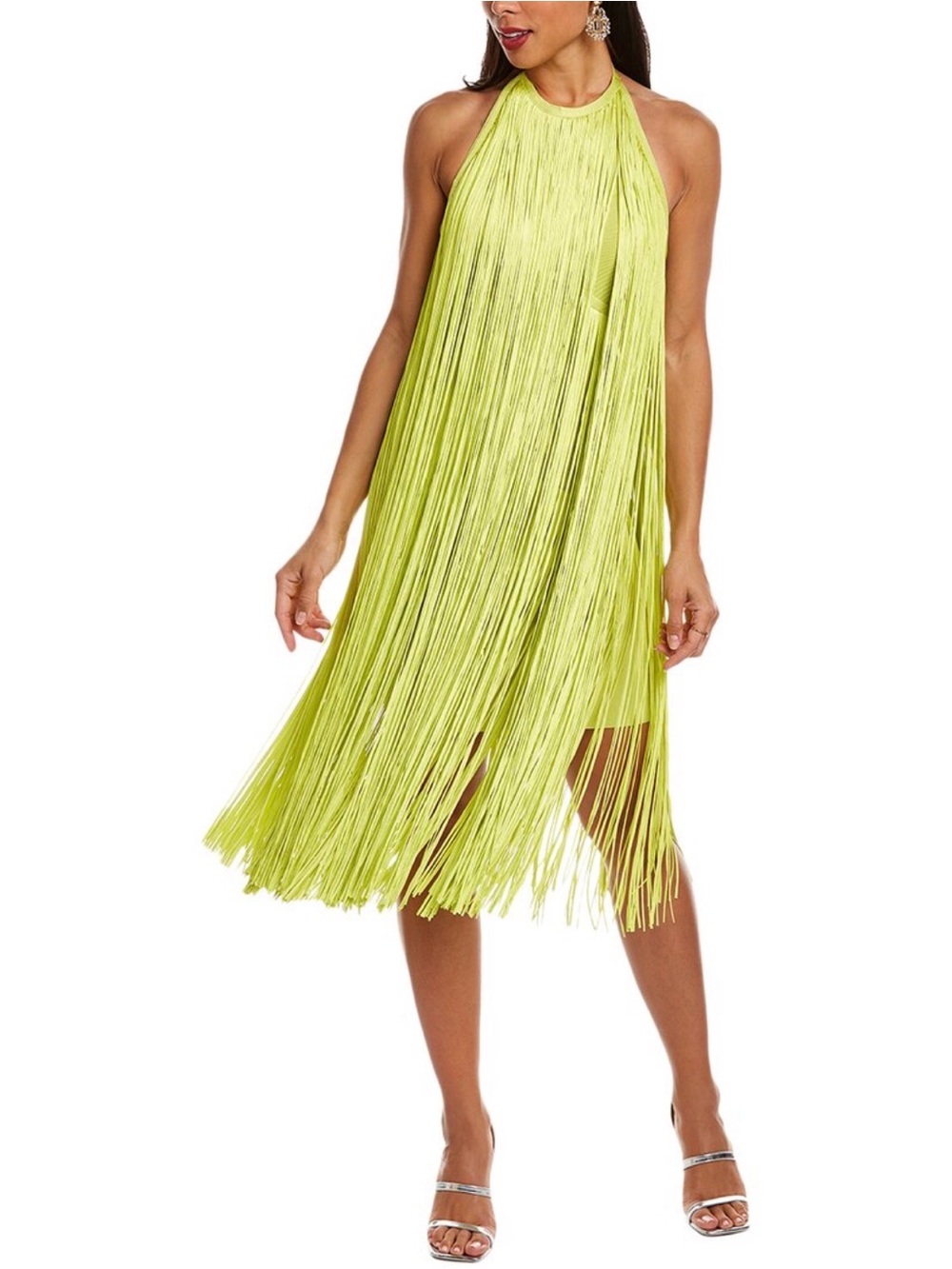 New Herve Leger Neon Lime Fringe Halter Midi Dress - Picture 2 of 12